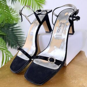 Vintage Y2K Black Elegant Open Toe Slip On 2000s Rhinestone Kitten Heels / 7